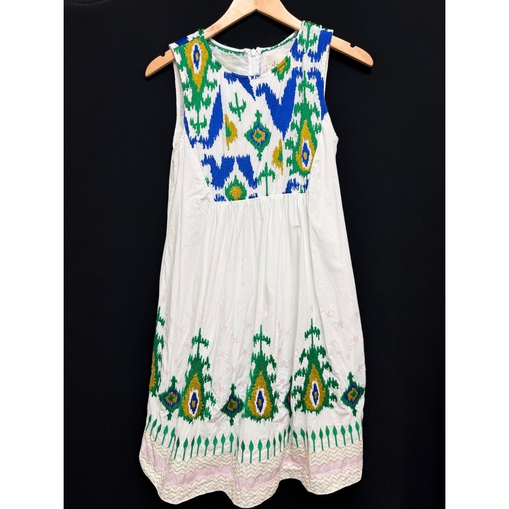 Anthropologie White Blue Green Embroidered Ikat Sleeveless Mini Dress Medium